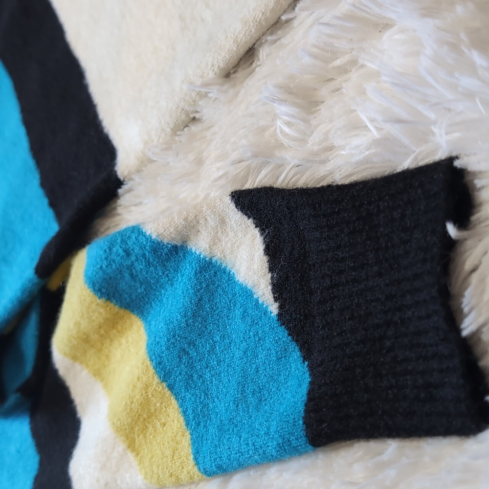 Alison Sheri Abstract Striped Acrylic Sweater Black/Blue/Lime/White Size Medium - Picture 3 of 10